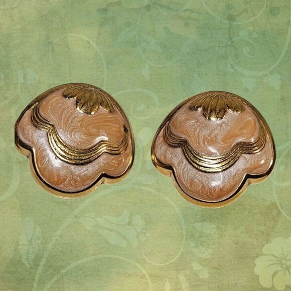 Vtg Enamel Peach Clip On Earrings Woman' Jewelry 80's Goldtone Retro Swirl Shell - Picture 9 of 11